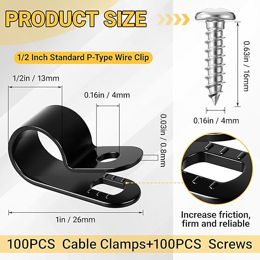 100 Pcs 1/2 Inch Rope Light Clips P-Style Cable Clips Black Mounting Plastic Cable Plastic Clamps Compatible with Stainless Steel Screw for Wire Cord Management Reinforced & Thickened Design