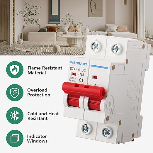 Wengart DC Miniature Circuit Breaker DZ47-63Z, 500V 2 Poles 25A, Work for Battery and Solar PV Systems and Other DC Systems, DIN Rail Mount, Disconnect Switch