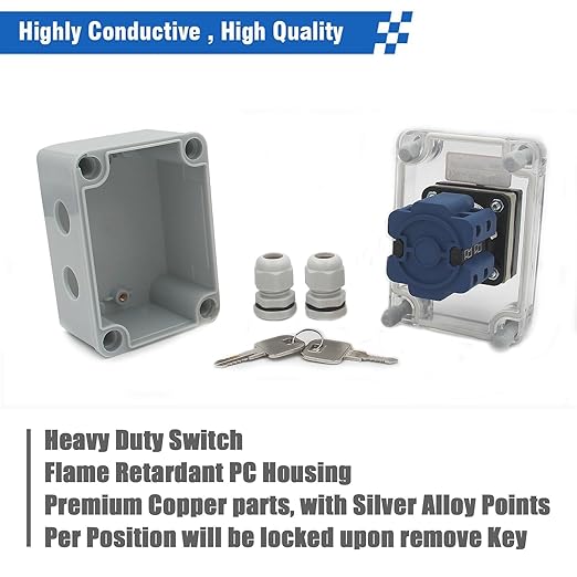 20A Rotary Changeover Switch with Key Lock, 660V 3 Position 2 Phase 8 Terminals, 2-Way 2NO 2NC, Universal Selector Switch with Waterproof Enclosure (3 Positions 2 Poles w/Key)