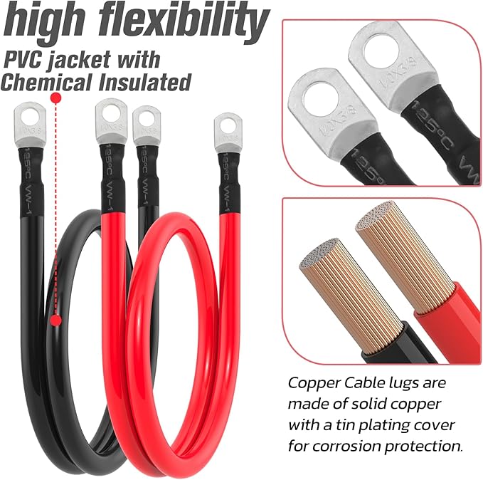 1/0 AWG Battery Cable 1/0AWG Gauge Battery Inverter Cables for Automotive Solar Marine Boat RV Car Motorcycle (1/0 AWG, 3FT, 3/8")