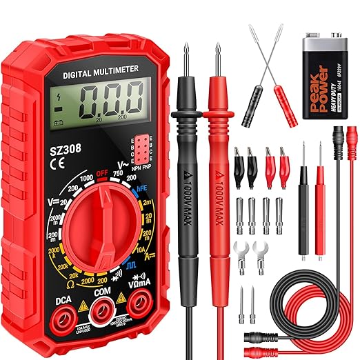ANENG Multimeter,SZ308 DC AC Volt Meter,Ohm Digital Multimeter Tester,Measures Voltage,Current,Resistance,Continuity,Diodes, Electrical Tester for Househould Tools,Automotive Battery Test(Red)