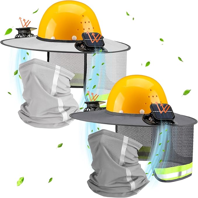 2 Sets Sun Hard Hat Shade Neck Protection with Solar Fans, Full Brim High Visibility Sun Visor Mesh Bandana Scarf for Hard Hat Accessories, Reflective(Dark Grey, Light Grey)