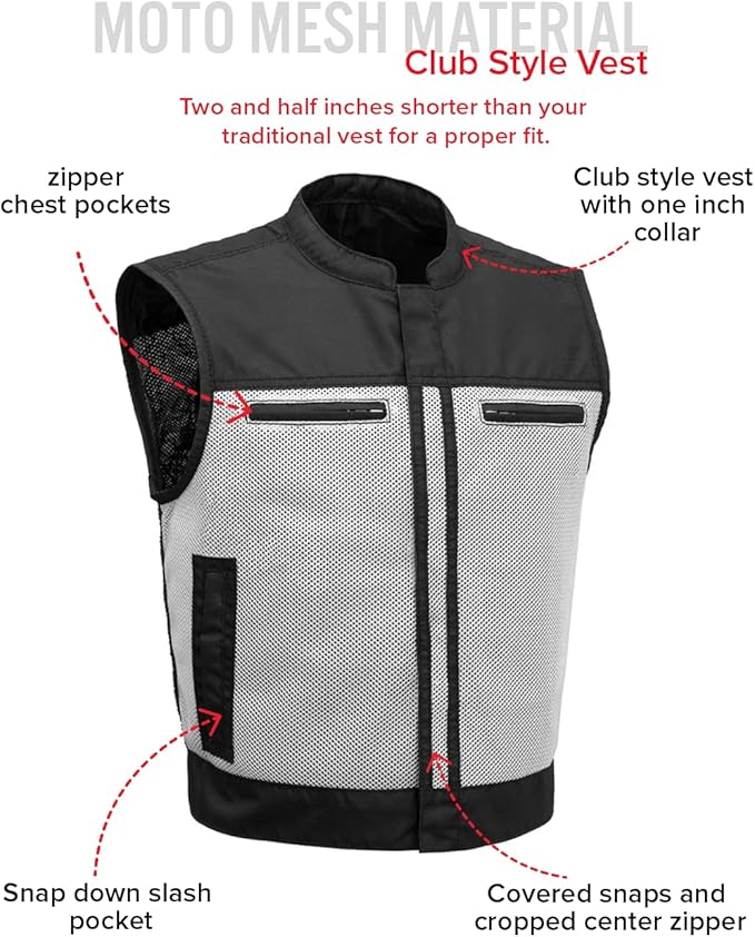 First Mfg Co Lowrider Mens Motorcycle Biker Riding Armor Club Style Black Leather, Twill, Moto Mesh, Perforated Vest