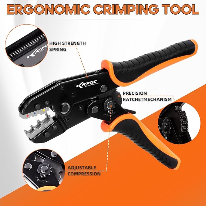 KF CPTEC 5PCS Ratchet Wire Crimping Tool Kit with Quick-Change Jaws for Heat Shrink, Insulated & Non-Insulated Connectors, Ferrules, Open Barrel, OT & UT Terminals – with Storage Case