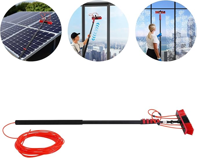 4.99-23.62FT Telescopic Window Washer Kit W/13.78IN Brush Head, 180° Adjustable Brush Head, Cleaning Brush Kit for Solar Panel, Window Cleaner Tool, Window Cleaning Equipment, Window Cleaning Tool Kit