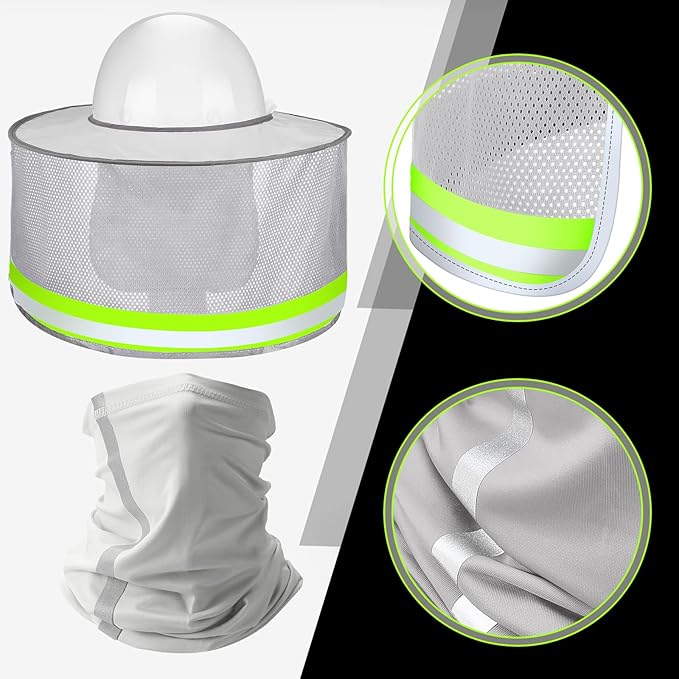 SATINIOR 3 Pcs Sun Hard Hat Neck Protection High Visibility Full Brim Mesh Sun Protection Bandana Headband Arm Sleeves with Reflective Strap for Construction Helmet Hard Hat(Light Gray)