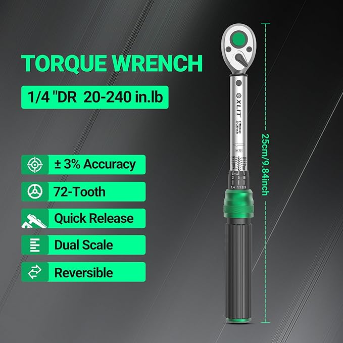 1/4" Click Torque Wrench, ±3% Accuracy, Smooth 72-Tooth Ratchet, Dual Scale (20-240 in.lb/2.3-27 Nm), Durable CR-V Steel, Pro Repair Tool with Portable Case, for Road/Mountain Bike, E-Bike, MTB