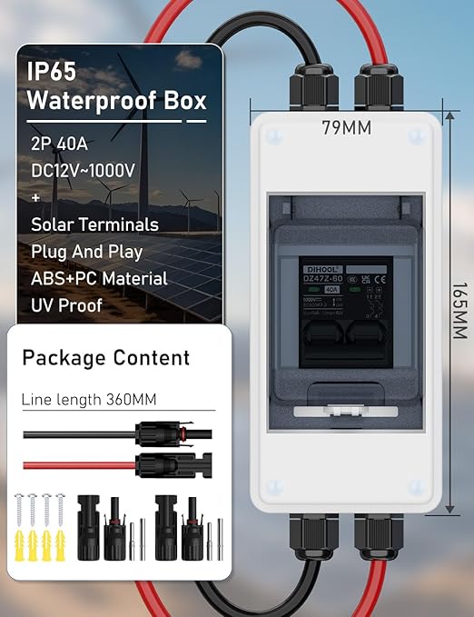 DIHOOL DC 1000V Circuit Breaker, Non Polarized, 40 Amp, 2 Pole, AC DC Disconnect Switch Box Outdoor, Battery Cutoff Isolator, PV Array MCB
