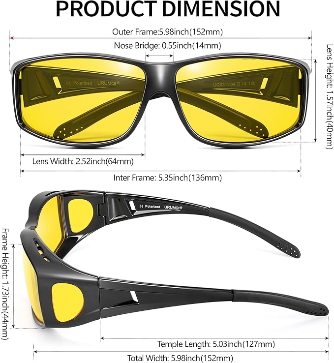 URUMQI Night Vision Driving Glasses Fit Over Eyeglasses for Men Women, Anti Glare Polarized Nighttime Glasses Yellow Lens