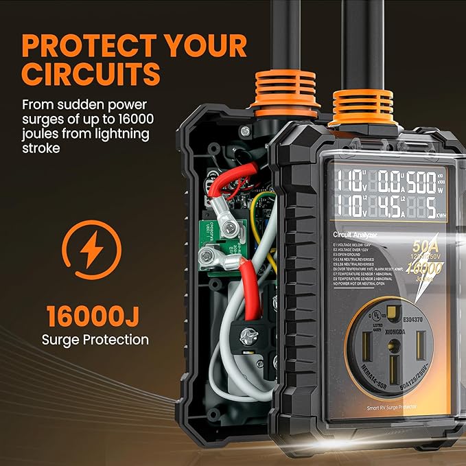 RV Surge Protector 50 Amp, 16000 Joules Surge Guard Protection with Waterproof Cover, Automatic Over/Under Voltage & Temperature Shutoff, 6 in 1 LED Display for Travel Trailers