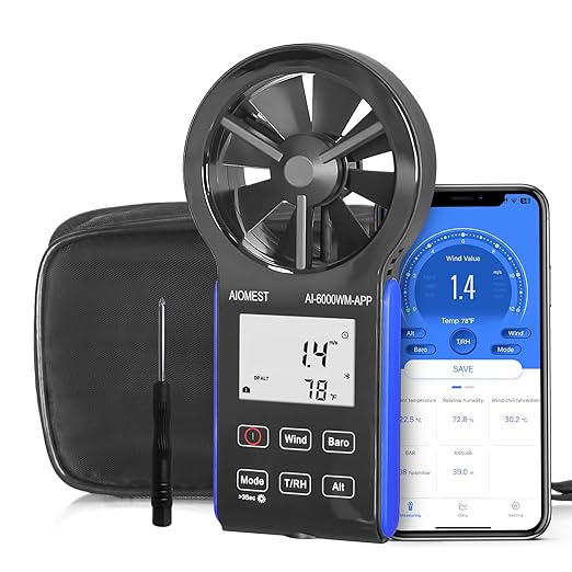 AIOMEST Anemometer Bluetooth, Handheld Wind Speed Gauge Meter w/Atmospheric Pressure, Temp, RH, Dew Point Temp, Wind Chill Measurement for Climbing Drone HVAC, AI-6000WM-APP
