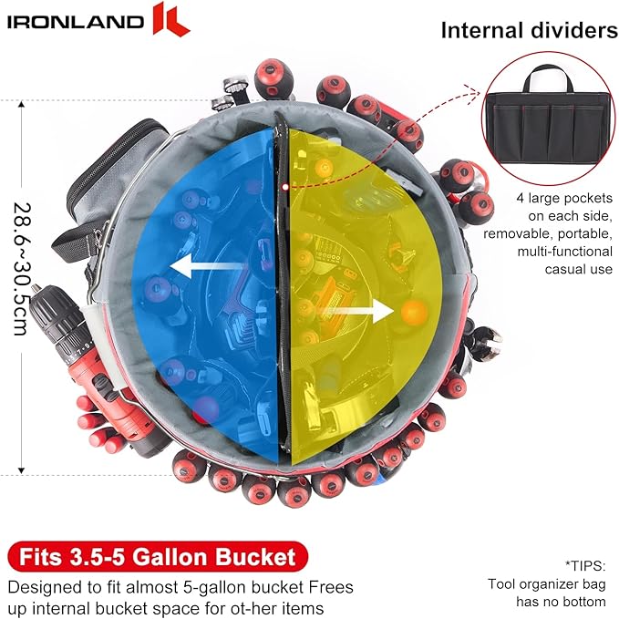 IRONLAND Bucket Tool Organizer Fit 3.5-5 Gallon Bucket, 64 Pockets, Bucket Tool Caddy Organization for Garden, Construction, Carpenter, Electrician, Builder red
