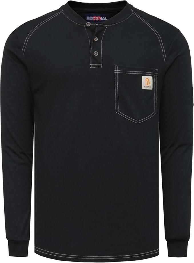 BOCOMAL Men's FR Henley Shirt Flame Resistant 5.5oz Cotton Long Sleeve Workwear UL NFPA2112 CAT2 Welding Tee
