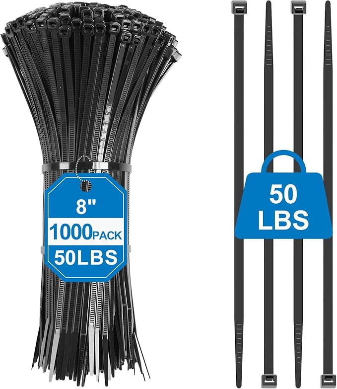 Black Zip Ties 8 Inch (1000 Pack),50lbs Tensile Strength,Heavy Duty Self-Locking Nylon Cable Ties, UV Resistant Flame Retardant Cable Ties for Indoor and Oudoor Use