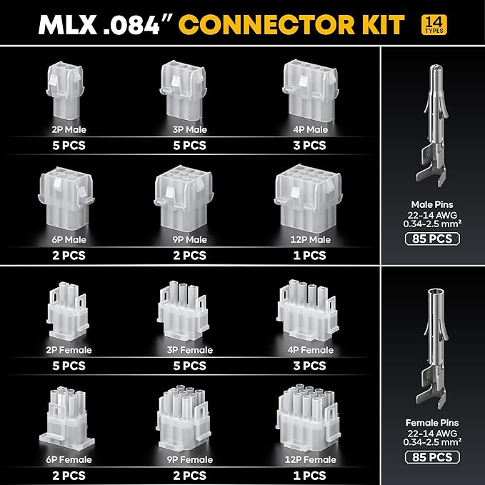 MLX .084" (6.35mm) Connector Crimping Tool Kit with Pin Extractor, 2/3/4/6/9/12 Pin Plug & Receptacle, 14-22 AWG Power Wire Connectors for Arcade/Auto, Compatible with Molex MLX