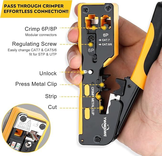RJ45 Crimp Tool Kit Pass Through Ethernet Crimper Kit Cat5 Cat6 Cat7 Crimping Tool Kit,All-in-One Stripping Cutting Crimping Tool for RJ11/RJ12 Standard,RJ45 Pass Through Connectors