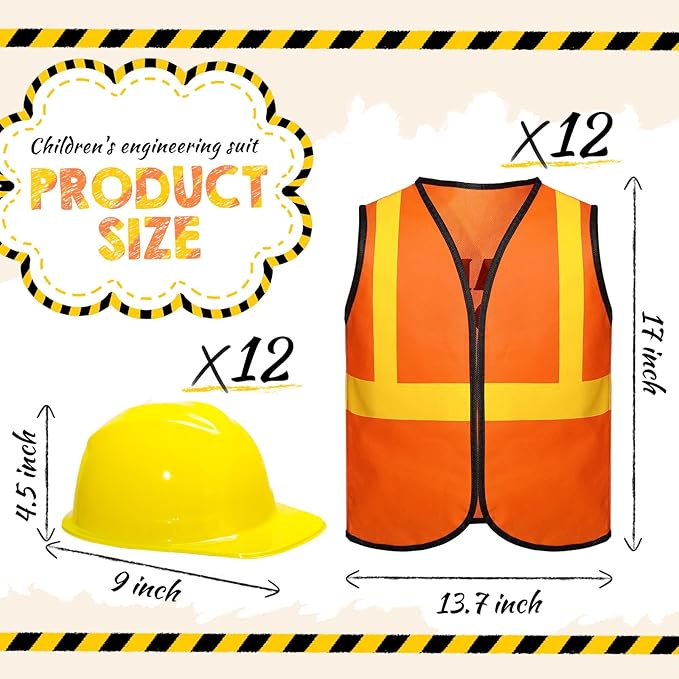 SATINIOR 24 Pcs Construction Birthday Party Supplies Kid Construction Hat and Vest Worker Costume Kids Role Play Dressing up