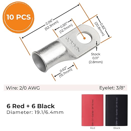 SELTERM 10pcs - 2/0 Awg - 3/8" Stud - Battery Lugs - Ring Terminal Connectors with 12pcs 3:1 Black & Red Heat Shrink Tubing with Adhesive | Heavy Duty Battery Cable Ends - Tinned Copper Wire Lugs Kit