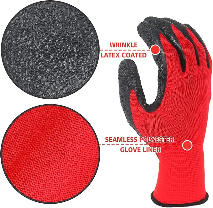 Evridwear Crinkle Latex Rubber Hand Coated Safety Work Gloves for Men Women General Multi Use Construction Warehouse Gardening Assembly Landscaping,Red X-Large 120 Pairs Pack