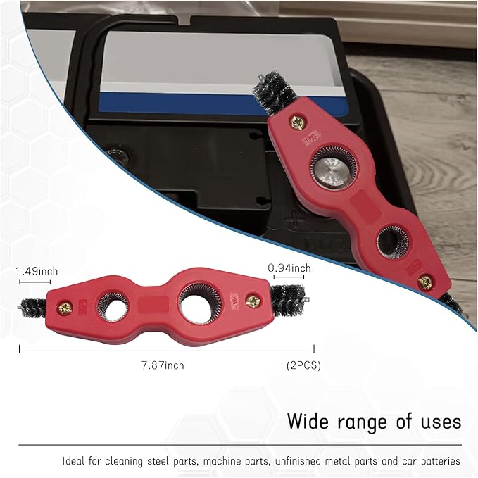 2 PCS Car Battery Terminal Cleaning Brush, 4 in 1 Anti-Rust Auto Battery Cleaner with Steel Wire, Universal Vehicle Battery Terminals Machine Parts Cleaning Tool Accessories (Red)