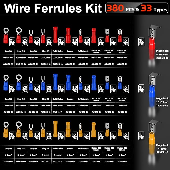 Preciva Crimping Tool for Insulated Terminals Wire Connectors, AWG20-10 Ratchet Crimper with Automatic Wire Stripper and 380 Pcs Insulated Terminals Connectors