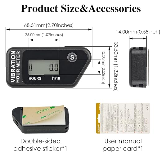 LCD Digital Hour Meter Gauge Vibration Activated,Waterproof Design,for All Vibrating Machine,Air Compressor,Generator,Lawn Mower,Motorcycle,Chainsaw (Black)