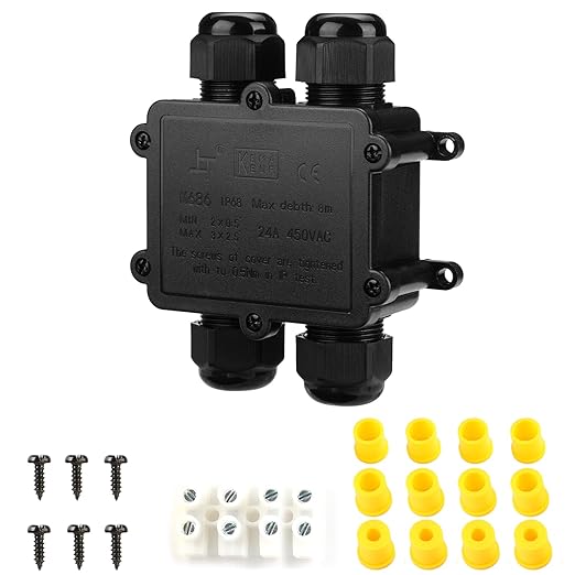 IP68 Waterproof Junction Box Outdoor,4-Way Electrical Junction Box Outdoor with 4 Cable M25 Gland Wire Connector Extension Electrical Cable Protector for Diameter Cable Ø4-14mm Black