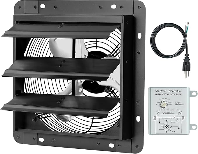 Upgraded 12" Shutter Exhaust Fan, 980 CFM High-Speed Wall Mounted Attic Vent Fan with Thermostat, Quiet Cooling Ventilation for Garage, Greenhouse, Attic, Basement, Chicken Coop, Black