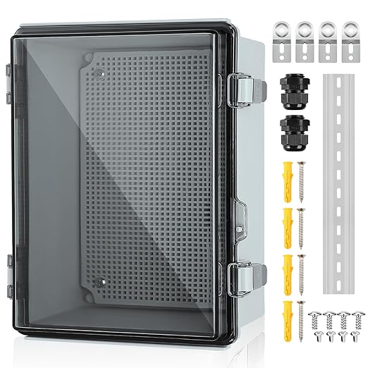 Waterproof Electrical Junction Box, IP67 ABS Plastic Junction Box Enclosure with Aluminum DIN Rail, Mounting Plate, Wall Brackets for WiFi Electronics Project, Clear (16.1''×12.2''×7.1'')