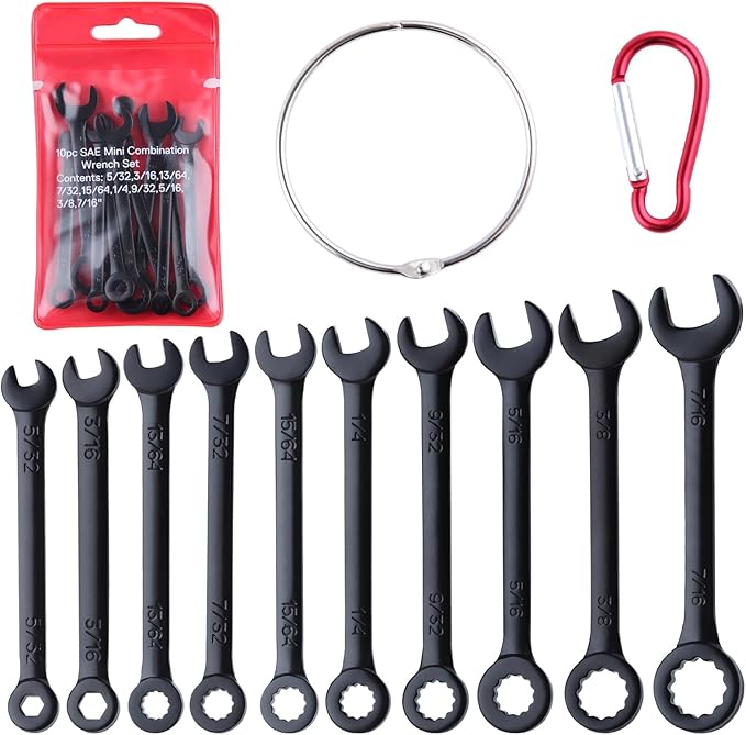10PCS Mini Wrench Set Standard SAE 5/32"-7/16" Ignition Wrenches Open End and Box End Combination Wrench Set with Portable Pouch and Key Rings, Black Electrophoretic Coating