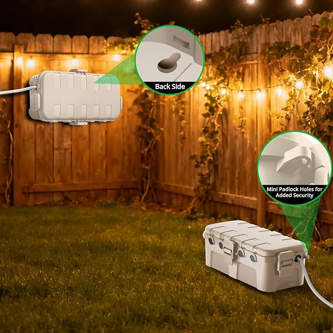 QUOBAS 2 Pack Outdoor Waterproof Electrical Box with 6 Cable Ports, IP54 Weatherproof Heavy-Duty Extension Cord Cover for Power Strips, Garden Power Tools, Holiday Lights, Almond