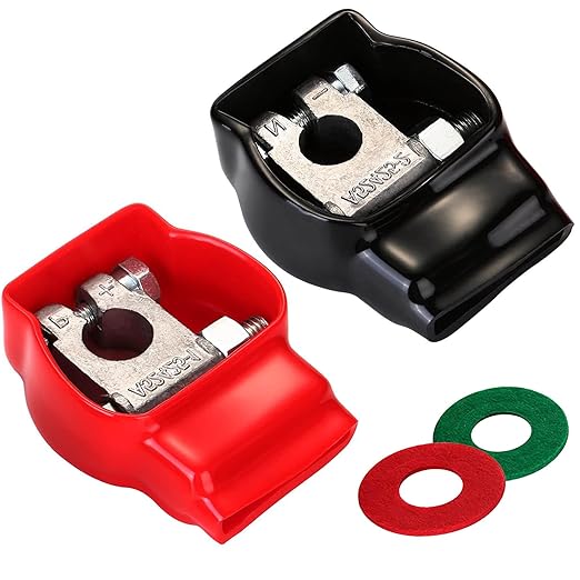 Battery Terminal Connectors, Military Spec Positive Negative Heavy Duty Auto Car Marine Battery Terminal,with 4 Pcs 2 Gauge 3/8" Copper Lugs,4 Heatshrink,2 Cover and Anti Corrosion Washers (cover)