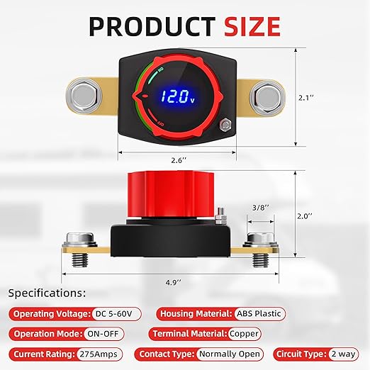 Joinfworld Side Post Battery Disconnect Switch 12V-48V with Led Voltmeter Display, DC 5-60V Battery Kill Switch Waterproof Marine Battery Cut Off Switch 12 Volt for Car RV Boat ATV UTV Vehicles