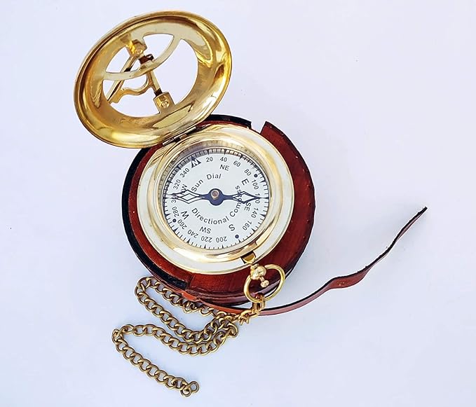 Antique Brass & Copper Sundial Compass – A Unique Gift of Elegance with Sundial Clock, Ship Replica Watch, and Presentation Box