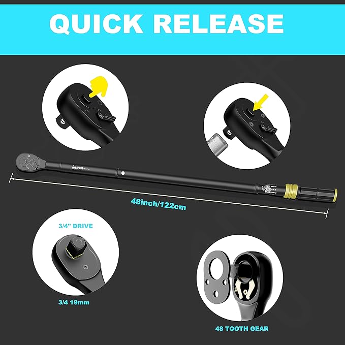 3/4-Inch Drive Click Torque Wrench, 100-800 Ft-Lb/135.5-1084 Nm with Dual-Direction, 48-Tooth Dual Range Scales, Quick Release Reversible Head Torque Wrench for Car, Truck, Tractor