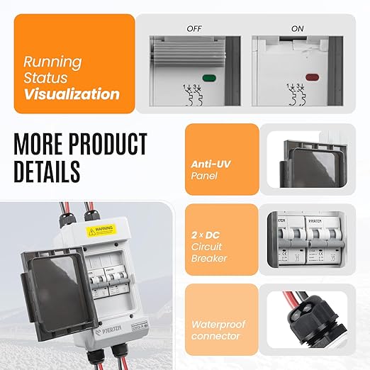 Solar Panels Disconnect Switch 10A 1000VDC PV Shut Off Switch 2 String Circuit Breaker Box IP66 Waterproof UV-Proof