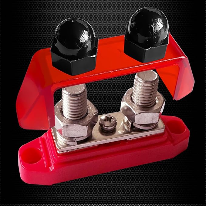 Ampper 3/8" Power Distribution Block Bus Bar 12V 250A, Dual Studs M10 Busbar Battery Junction Post Distribution Block with 1 x M4 Screw Terminal (Red and Black)