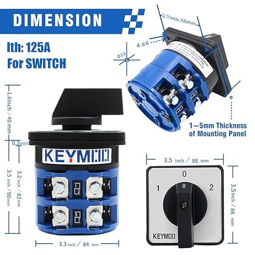 125A Rotary Changeover Switch with Master Switch Exterior Box, 660V 3 Position 2 Phase 8 Terminals, Universal Selector Switch Enclosure Box IP65 125/D202.2D
