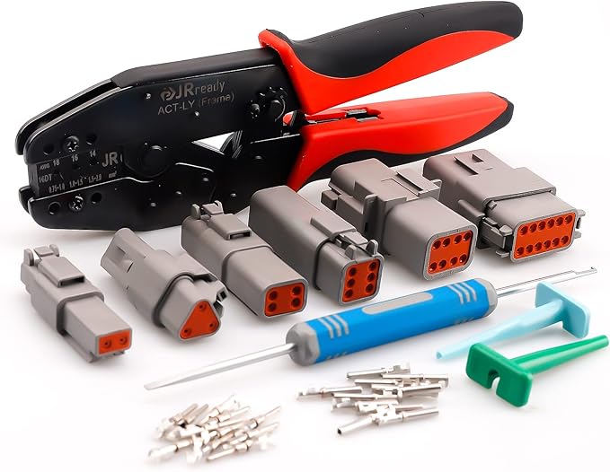 JRready Deutsch Crimp Tool ACT-LY-16DT with 2 3 4 6 8 12Pin DT Connector 1Kit 35Pairs Stamped Contacts, 3 PCS deutsch pin removal tools ST6341-16DT