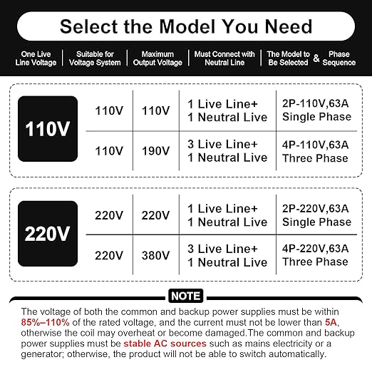 ATS Dual Power Automatic Transfer Switch, 2P 63A 110V Manual Transfer Switch, Uninterruptible Millisecond-Level ATS, 50/60 Hz, White, CE
