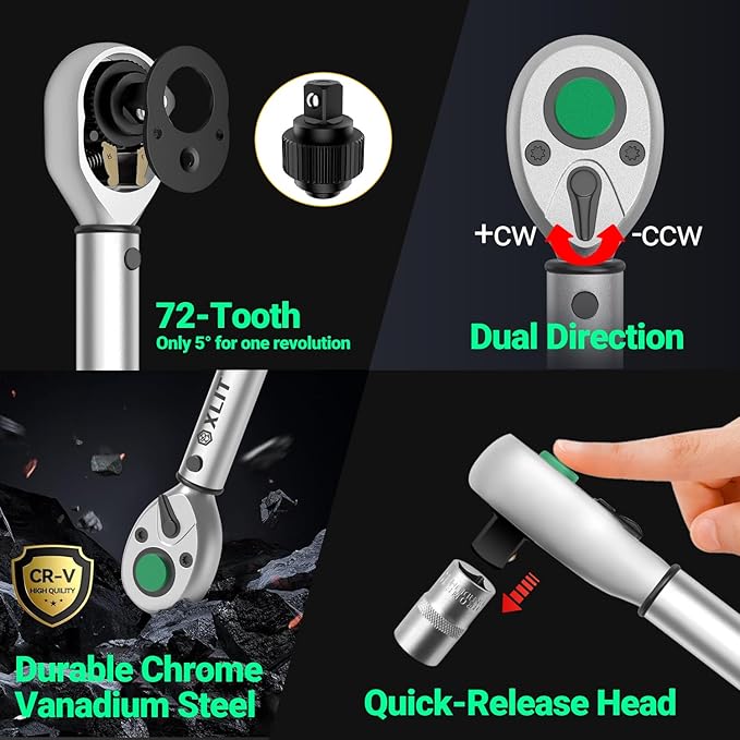 3-Piece Torque Wrench Set - 3 Click Wrenches (1/4", 3/8", 1/2") with 3pc Extension Bars, Pro 72-Tooth Ratchet, ±3% Accuracy, for Automotive, Motorcycle & E-Bike