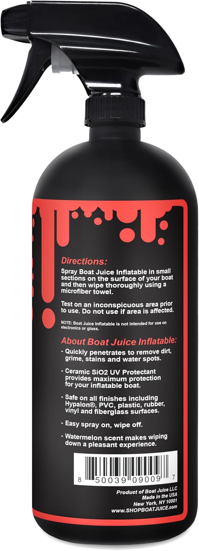 Boat Juice Inflatable Boat Cleaner Spray | 2in1 Cleaner & Ceramic UV Protectant | Removes Dirt, Grime, Stains, Water Spots & Provides Maximum UV Protection | Watermelon Scent | Made in USA (32oz)