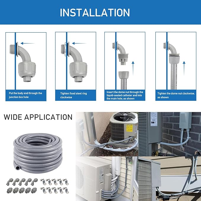 Z 1/2" Dia * 50 Feet Flexible Electrical Conduit Liquid Tight PVC Conduit Kit with 5 PCS Coupling, 5 PCS Elbow and 10 PCS Strap