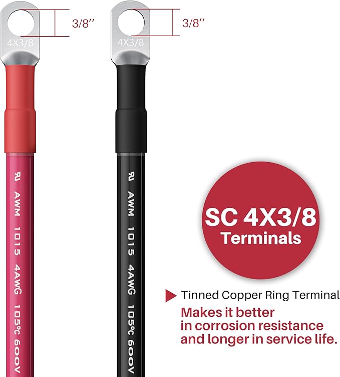 4AWG Battery Cable with 3/8" Terminals, 4 Gauge Pure Copper Inverter & Welding Wire with 3/8 inch Lugs Both Ends, UL, Power Inverter Wire Set for Automotive, Solar, Marine, RV (Red + Black, Each 6FT)