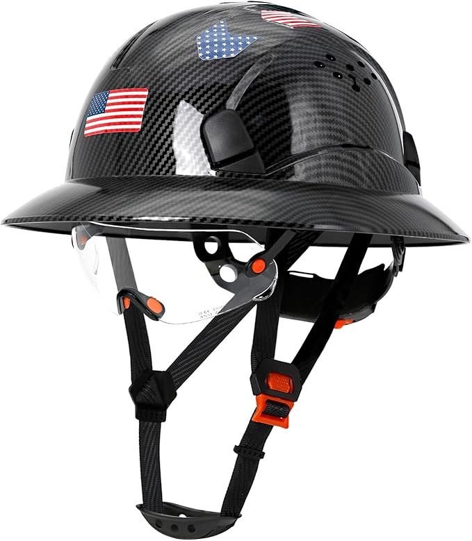 Carbon Fiber Pattern Full Brim Hard Hat with Visor-OSHA Approved Construction Safety Helmet for Men Women,ANSI Z89.1 Vented Reflective Hardhat with Hard Hat Chin Strap,6-Point Suspension