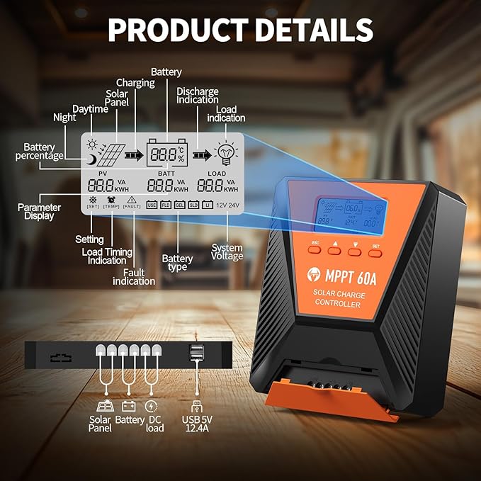 60A MPPT Solar Charge Controller 12V/ 24V Solar Panel Charge Controller Intelligent Regulator for FLD/LiFePO4/SLD/GEL/AGM with Dual USB Port Auto Parameter LCD Display and Timer Setting ON/Off Hours