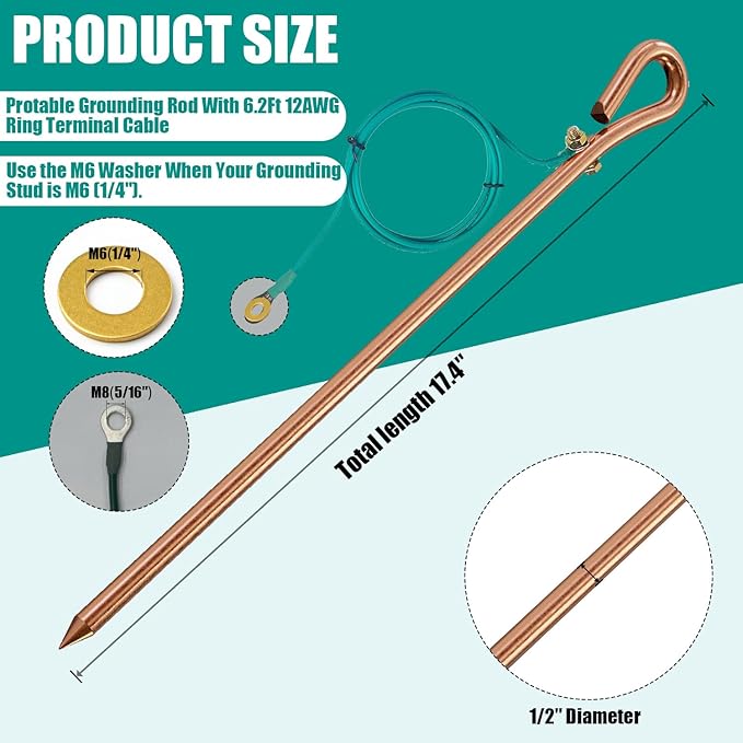 Generator grounding kit with 6ft Female Ground Cord,grounding rod for generator,Grounding Wire with Crocodile Clip for Electric Fences,Antennas (17.4 inch Ground Rod + 6.2ft Lugs Wire)