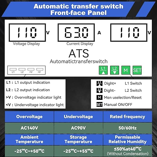63A 110V Automatic Transfer Switch, 2P Dual Power Select Interruptor Electrical Changeover Switch with LED Display, Mini ATS Din Rail Mount, 50/60Hz CE Certified for Backup Power
