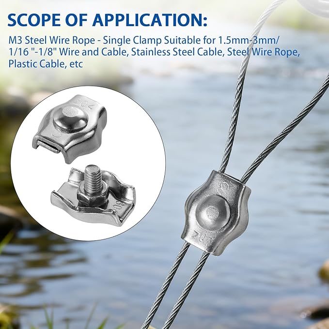 M3 Wire Rope Cable Clip Clamp,304 Stainless Steel Simplex Single Bolt Cable Clamps (18Pcs),1/8 Inch Wire Clamps for 1.5mm-3mm Wires/Stainless Steel Cables/Wire Ropes/Plastic Cables