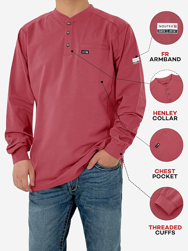 FR Shirts for Men 6oz Lightweight Stretch Work Shirt Flame Resistant Long Sleeve Henley Shirt CAT2